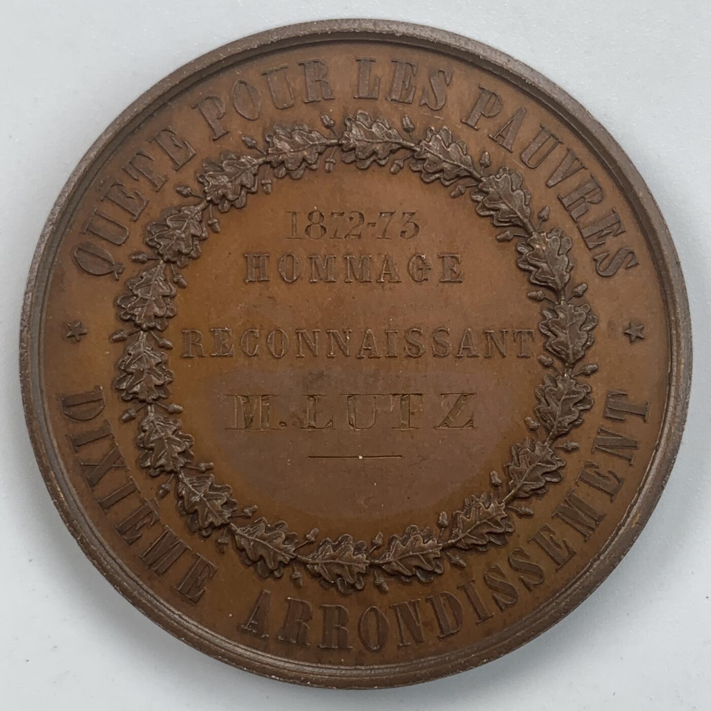 掌中浮雕-藏着的欧洲第059场 1872-73年法国巴黎救助贫困群体纪念铜章，41mm，蜜蜂边铭