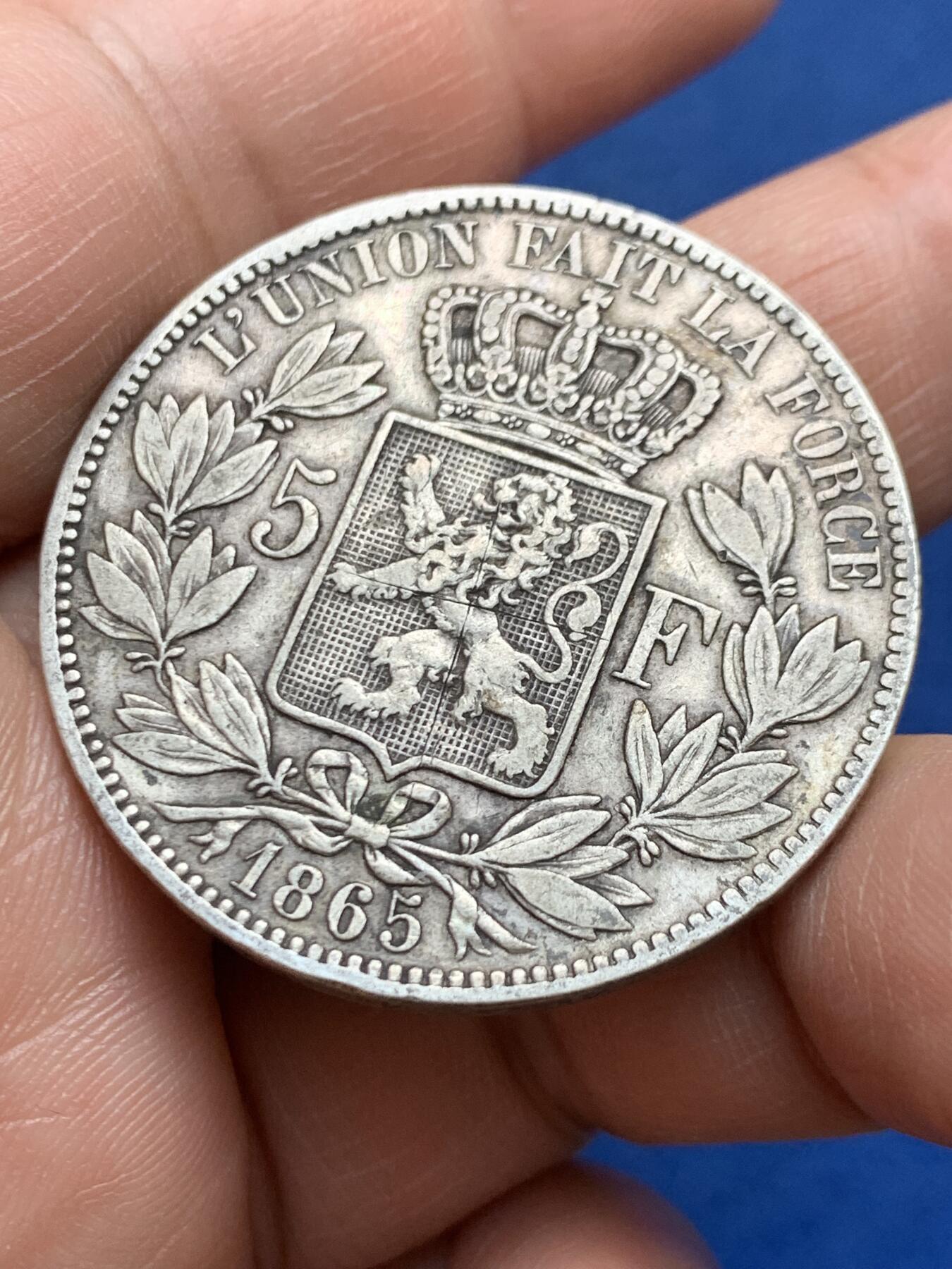 《竞宝斋》第482场 周日，周一 2场连拍 （全场包邮）20级店铺 欢迎送拍 比利时1865年利奥波德一世5法郎银币