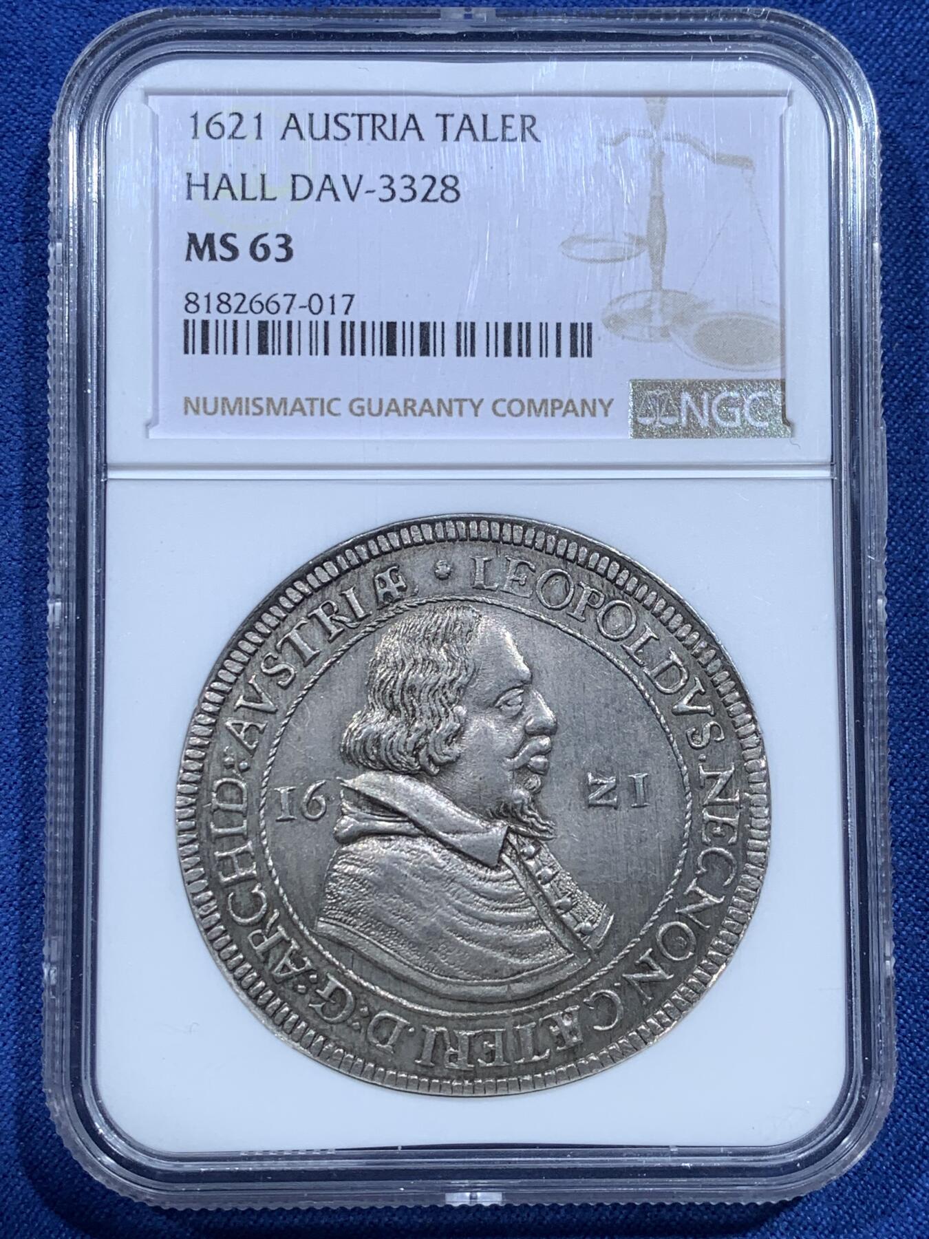 《竞宝斋》第482场 周日，周一 2场连拍 （全场包邮）20级店铺 欢迎送拍 唯一亚军分 NGC MS63 奥地利帝国 1621年 利奥波德 泰勒大银币 400多年的老泰勒 能有这个品质确实难得