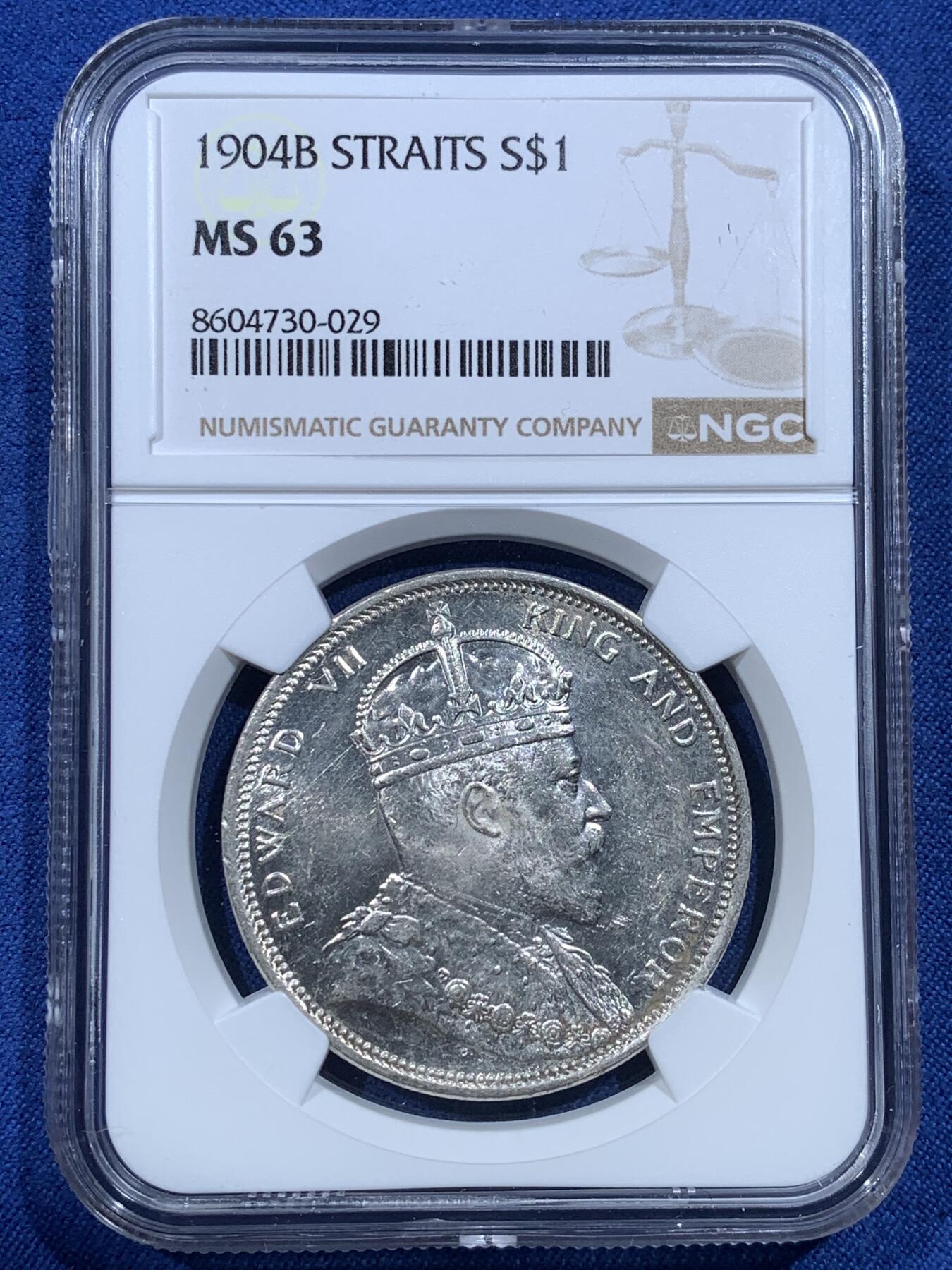 《竞宝斋》第482场 周日，周一 2场连拍 （全场包邮）20级店铺 欢迎送拍 NGC MS63 1904年英属海峡爱德华七世一元大样银币 顶级转光 还未见过如此炫亮的海峡 值得入手