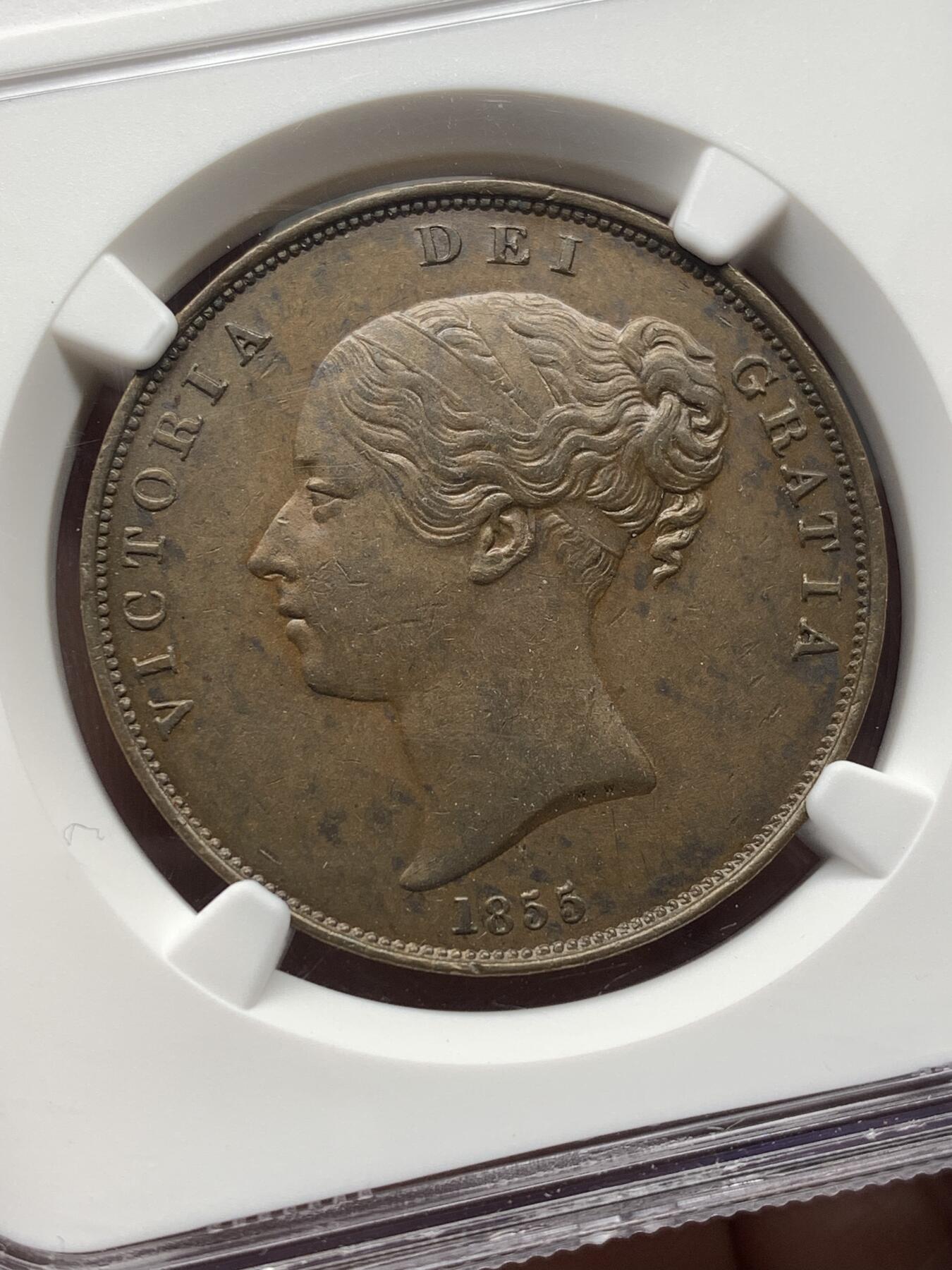 《竞宝斋》第482场 周日，周一 2场连拍 （全场包邮）20级店铺 欢迎送拍 NGC AU55BN 英国1855年维多利亚1便士铜币