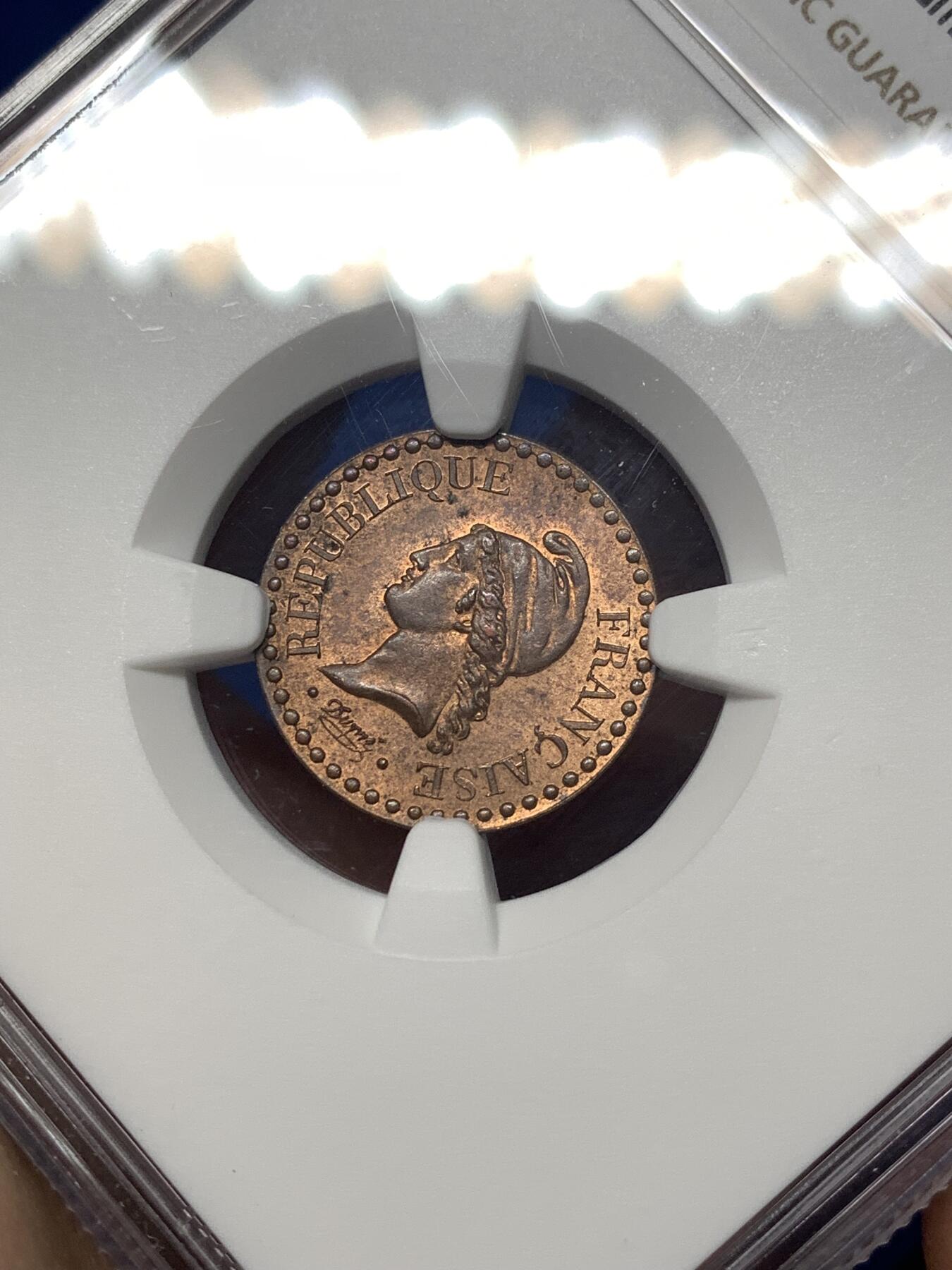 《竞宝斋》第482场 周日，周一 2场连拍 （全场包邮）20级店铺 欢迎送拍 NGC MS63RB 法国 1848A 1分铜币