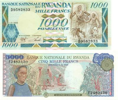 小福收藏拍卖第205期 裸钞场 本期有多张豹子号靓号  大量民国钞 百慕大样钞洋葱冠全套  阿富汗首年份查希尔国王和独立纪念碑 仅发行1000枚亚克力砖封蒙古20000图格里克帝国800周年纪念钞 卢旺达 东加勒比 斯里兰卡等多国精美纸币 卢旺达 1988年 1000法郎 无47 双尾 +5000法郎 首发年 1组2张 unc