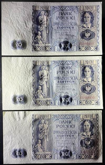 小福收藏拍卖第205期 裸钞场 本期有多张豹子号靓号  大量民国钞 百慕大样钞洋葱冠全套  阿富汗首年份查希尔国王和独立纪念碑 仅发行1000枚亚克力砖封蒙古20000图格里克帝国800周年纪念钞 卢旺达 东加勒比 斯里兰卡等多国精美纸币 波兰 1936年 20兹罗提 （有2张3对子号） 1组3张 aunc