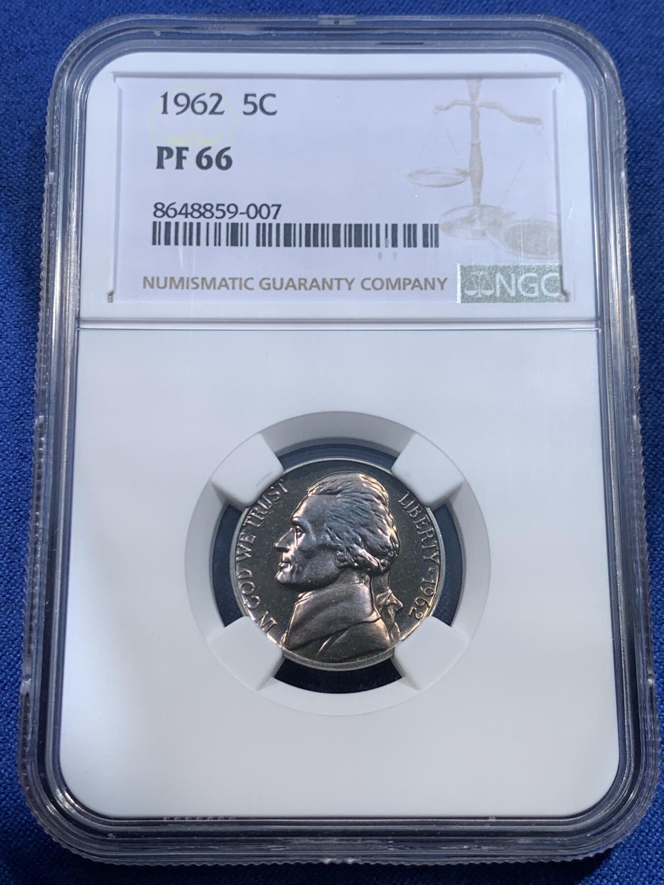 《竞宝斋》第482场 周日，周一 2场连拍 （全场包邮）20级店铺 欢迎送拍 NGC PF66 美国1962年杰克逊5美分镍币，少见早期精制版本，高分
