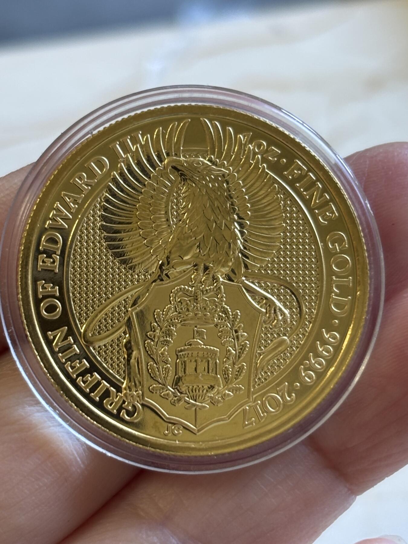 第197期拍卖 英国2017年女王神兽系列格里芬鹰1盎司纪念金币，9999金