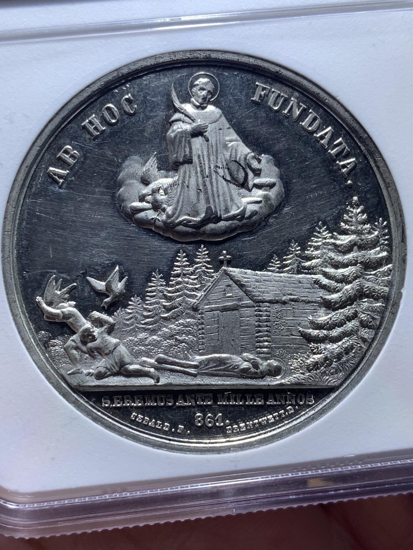 《竞宝斋》第482场 周日，周一 2场连拍 （全场包邮）20级店铺 欢迎送拍 NGC MS61 瑞士1861年亨利四世修道院建成1000周年纪念章，WM材质，双面高浮雕深打，PL底板，修道院景观丝丝入扣，状态非常好。