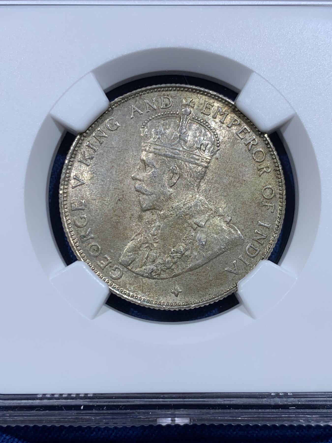 《竞宝斋》第482场 周日，周一 2场连拍 （全场包邮）20级店铺 欢迎送拍 NGC MS64 英属海峡1920年乔五50分银币 正面覆盖黄油包浆，背面BU状态，难得的分数