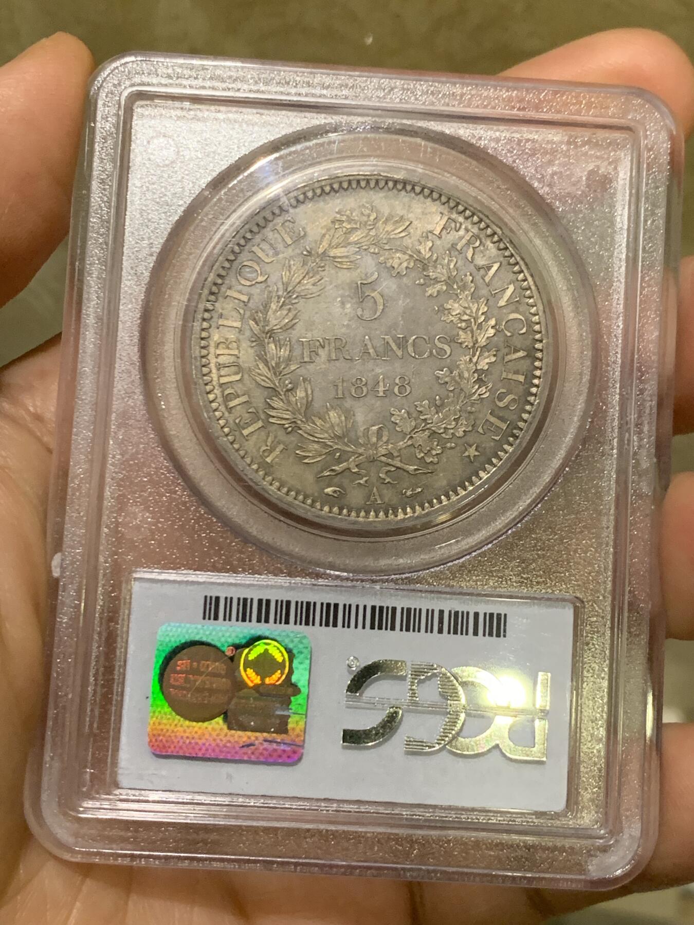 《竞宝斋》第482场 周日，周一 2场连拍 （全场包邮）20级店铺 欢迎送拍 PCGS MS64 法国1848年A版大力神5法郎银币 PL质感 老盒封装 第二共和时期 值得入藏