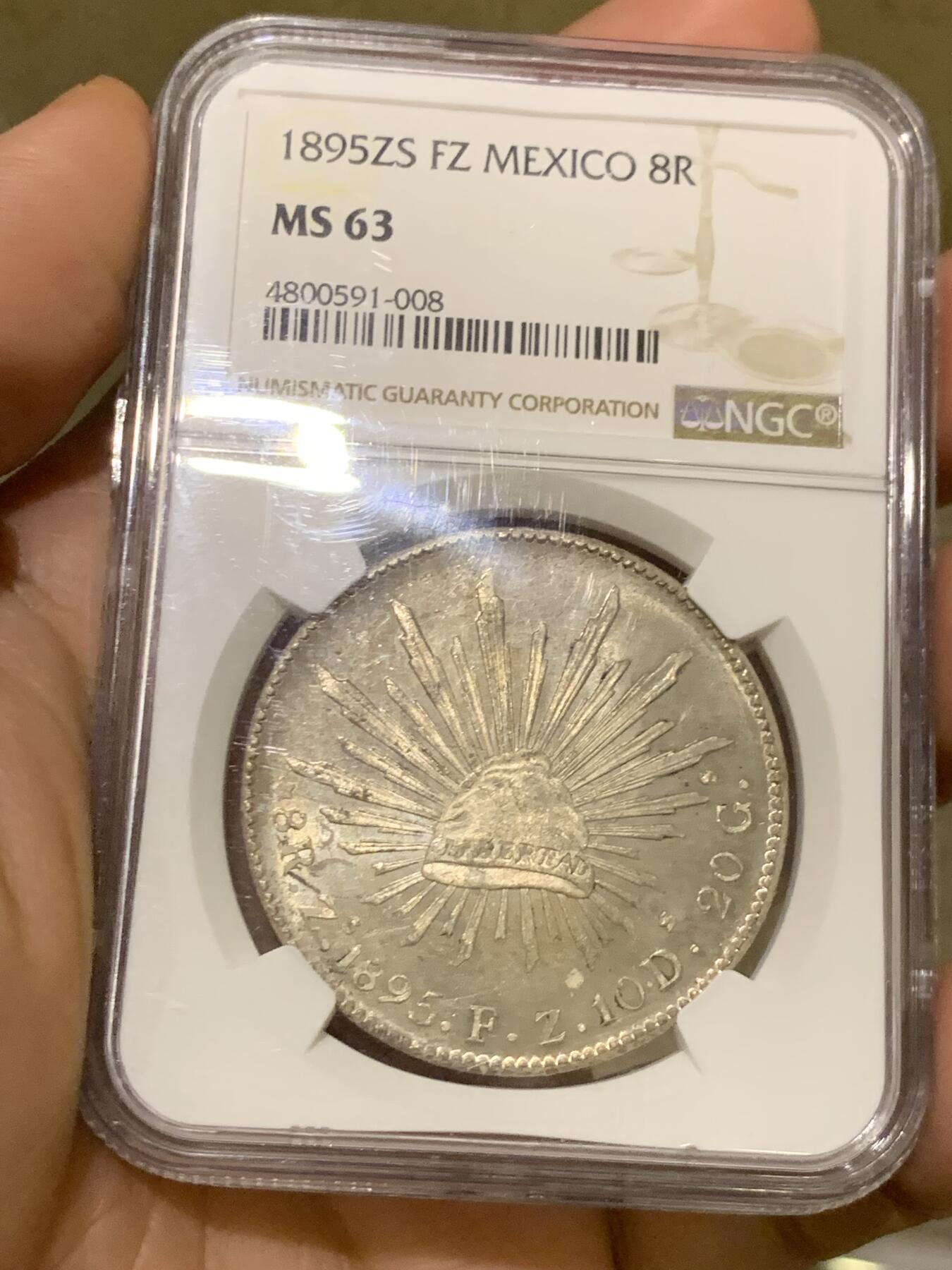 《竞宝斋》第482场 周日，周一 2场连拍 （全场包邮）20级店铺 欢迎送拍 NGC MS63 墨西哥1895年ZS FZ花边鹰洋银币 历经百年崭新出场