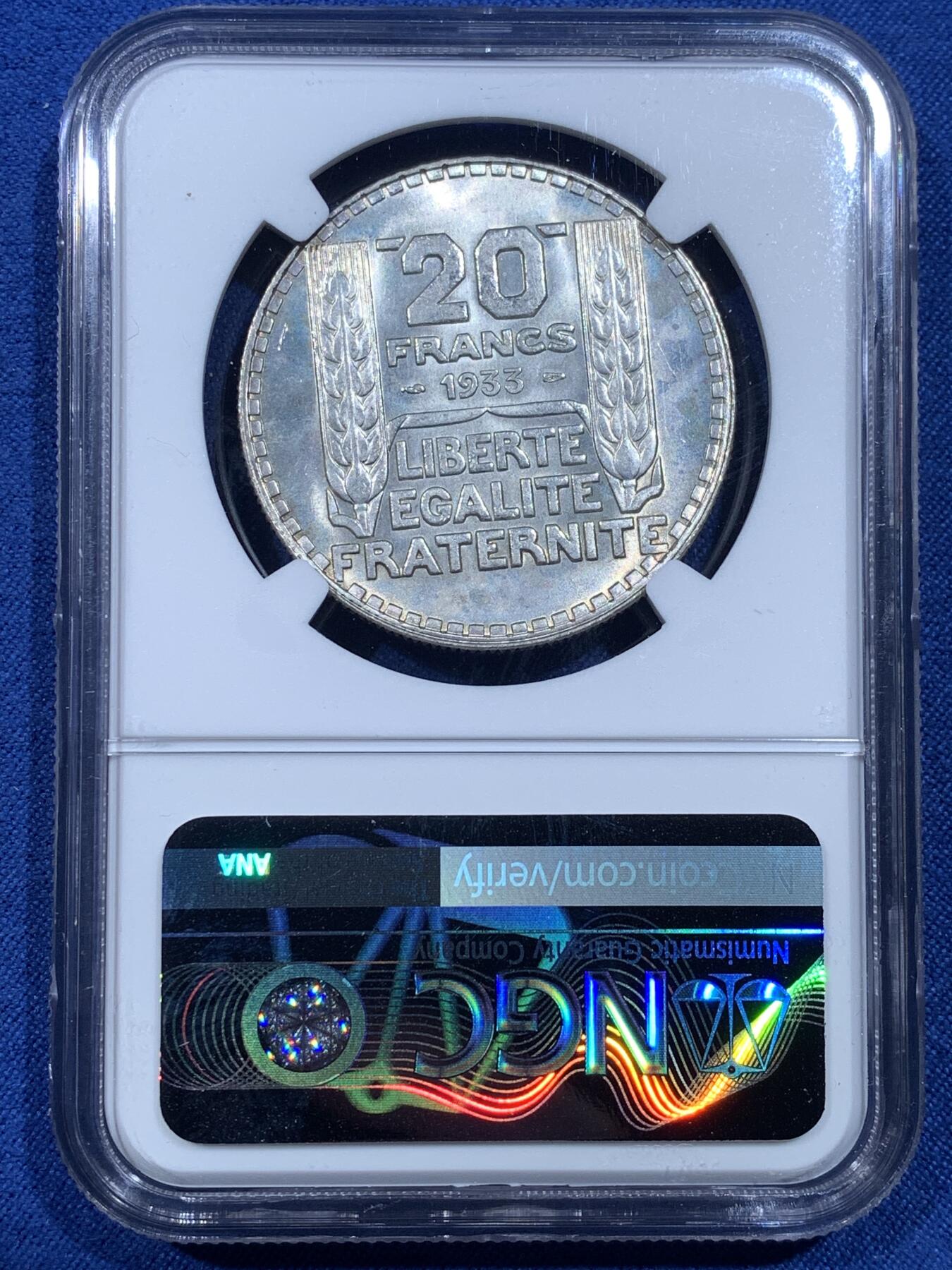 《竞宝斋》第482场 周日，周一 2场连拍 （全场包邮）20级店铺 欢迎送拍 NGC MS63 法国 1933年 谷物女神 20法郎银币