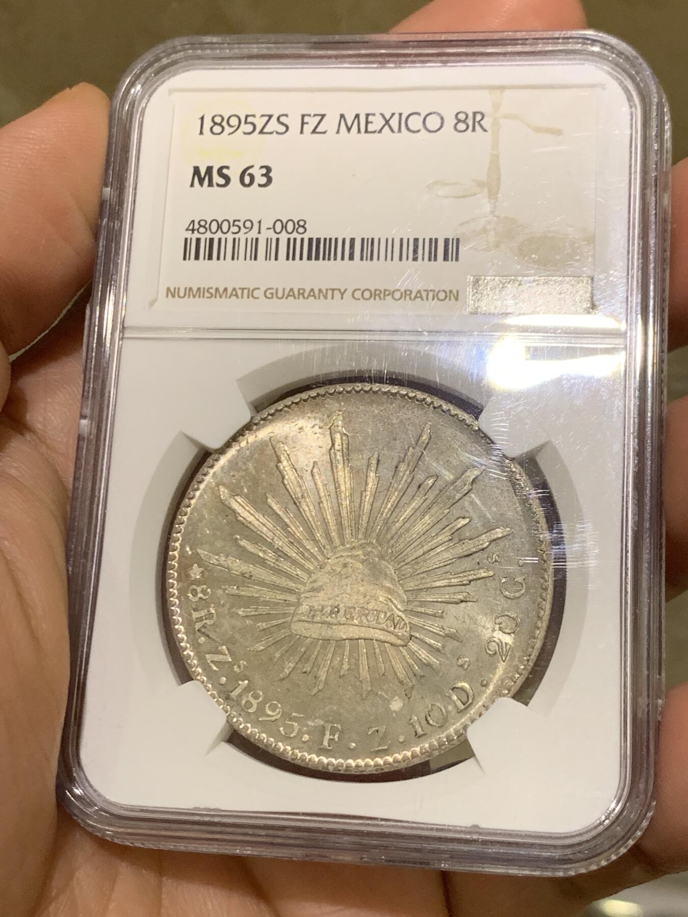 《竞宝斋》第482场 周日，周一 2场连拍 （全场包邮）20级店铺 欢迎送拍 NGC MS63 墨西哥1895年ZS FZ花边鹰洋银币 历经百年崭新出场