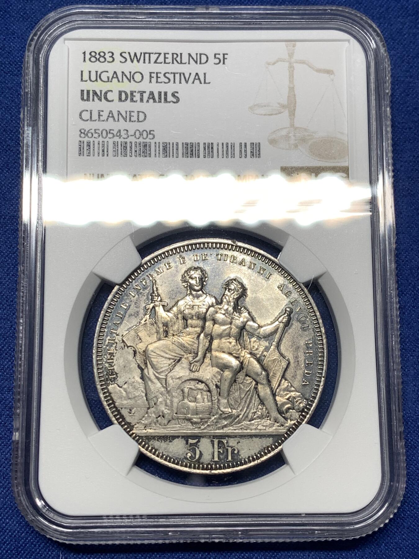 《竞宝斋》第482场 周日，周一 2场连拍 （全场包邮）20级店铺 欢迎送拍 NGC UNCD 瑞士1883年卢加诺射击节5法郎银币 好品