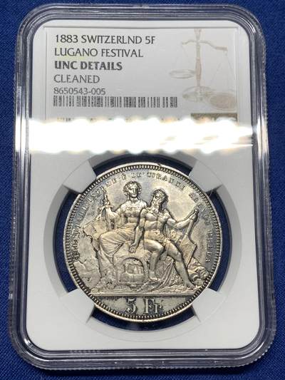 《竞宝斋》第482场 周日，周一 2场连拍 （全场包邮）20级店铺 欢迎送拍 - NGC UNCD 瑞士1883年卢加诺射击节5法郎银币 好品