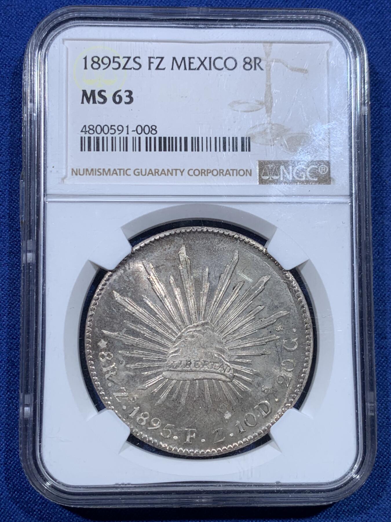 《竞宝斋》第482场 周日，周一 2场连拍 （全场包邮）20级店铺 欢迎送拍 NGC MS63 墨西哥1895年ZS FZ花边鹰洋银币 历经百年崭新出场