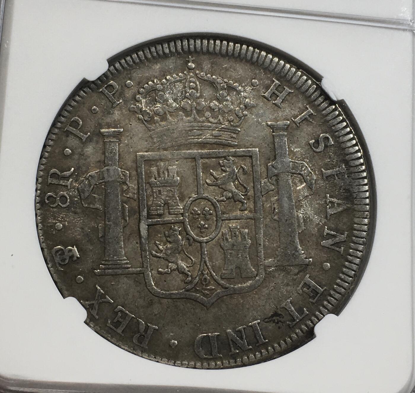 世界钱币专场拍卖 每周二开拍 NGC XFD西属玻利维亚1798年卡洛斯四世双柱8瑞尔银币