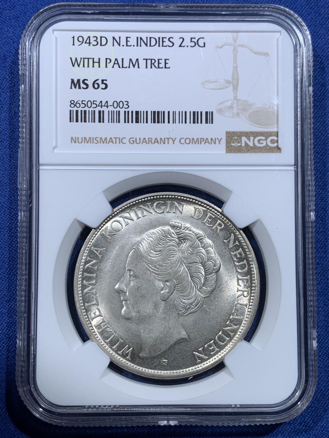 《竞宝斋》第482场 周日，周一 2场连拍 （全场包邮）20级店铺 欢迎送拍 NGC MS65 荷属东印度1943年D版威廉明娜2.5盾银币 品相好 亚军分