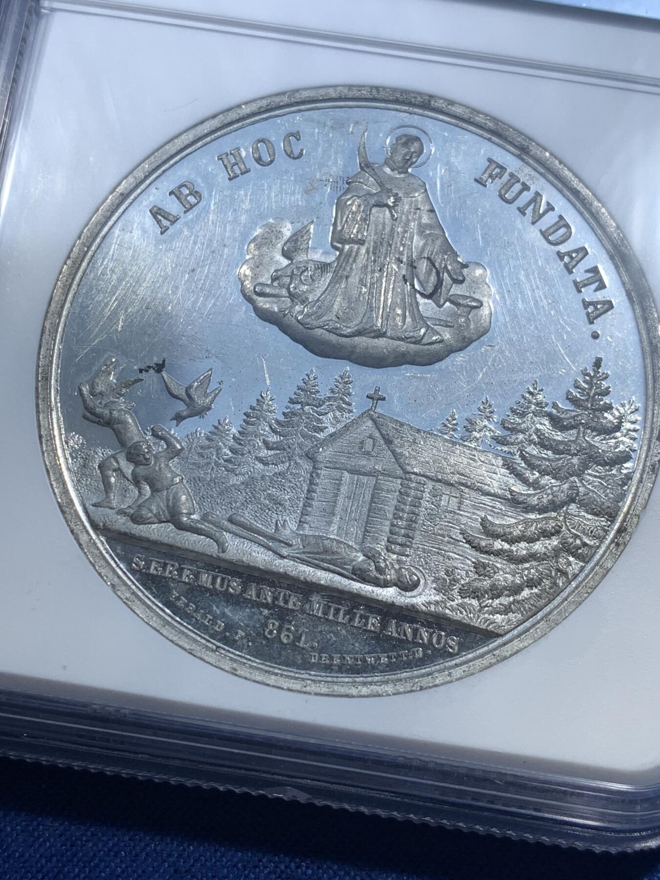 《竞宝斋》第482场 周日，周一 2场连拍 （全场包邮）20级店铺 欢迎送拍 NGC MS61 瑞士1861年亨利四世修道院建成1000周年纪念章，WM材质，双面高浮雕深打，PL底板，修道院景观丝丝入扣，状态非常好。