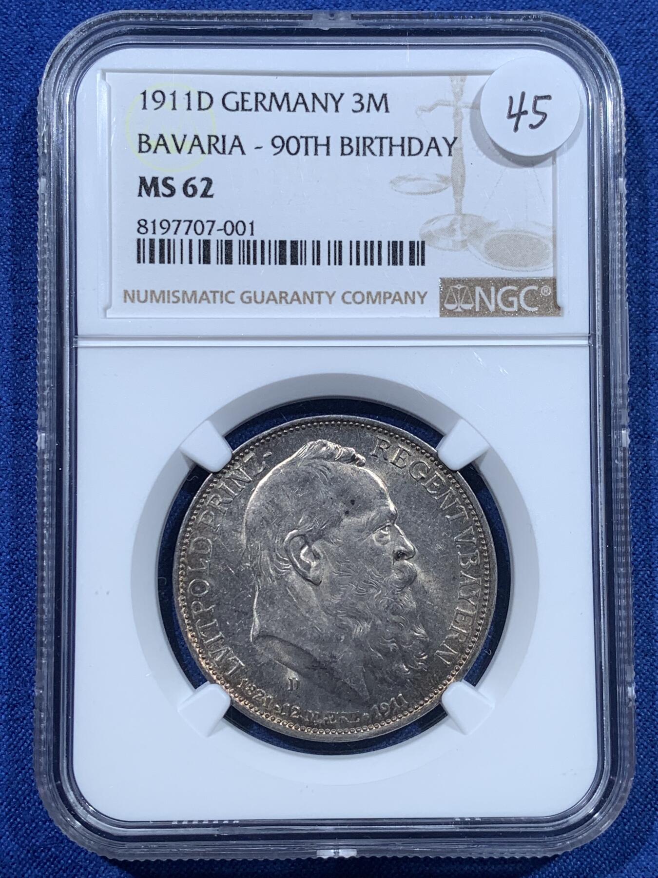 《竞宝斋》第482场 周日，周一 2场连拍 （全场包邮）20级店铺 欢迎送拍 NGC MS62 德国 1911D 巴伐利亚摄政王 柳特波德 90大寿 3马克银币