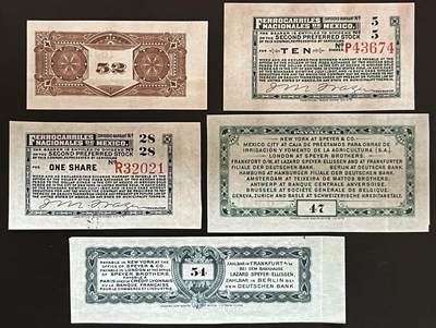 小福收藏拍卖第205期 裸钞场 本期有多张豹子号靓号  大量民国钞 百慕大样钞洋葱冠全套  阿富汗首年份查希尔国王和独立纪念碑 仅发行1000枚亚克力砖封蒙古20000图格里克帝国800周年纪念钞 卢旺达 东加勒比 斯里兰卡等多国精美纸币 墨西哥 1930年代 债券 （2张无47）1组5张 unc-和aunc