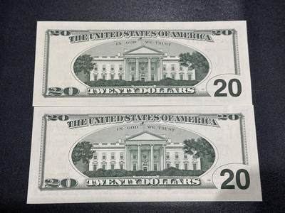 《外钞收藏家》第六百二十九期（精品场）（长期征集拍品、欢迎藏友们联系合作） 美国大头版1999和2001年20美元 2张一起 全新UNC