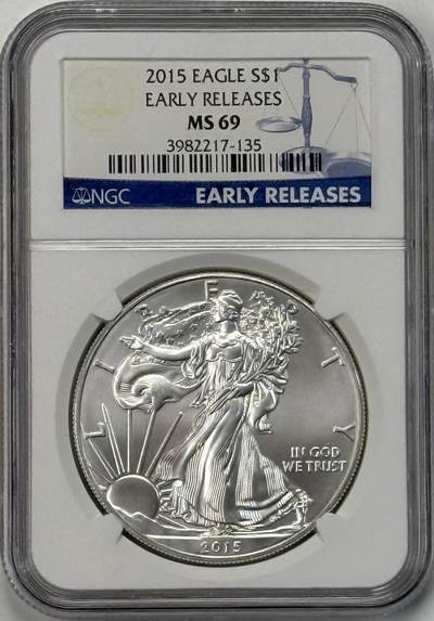 S&S Numismatic世界钱币-拍卖 第126期  美国2015年 自由行走女神 1美元1盎司投资银币 31.1克999银  NGC MS69首期蓝标