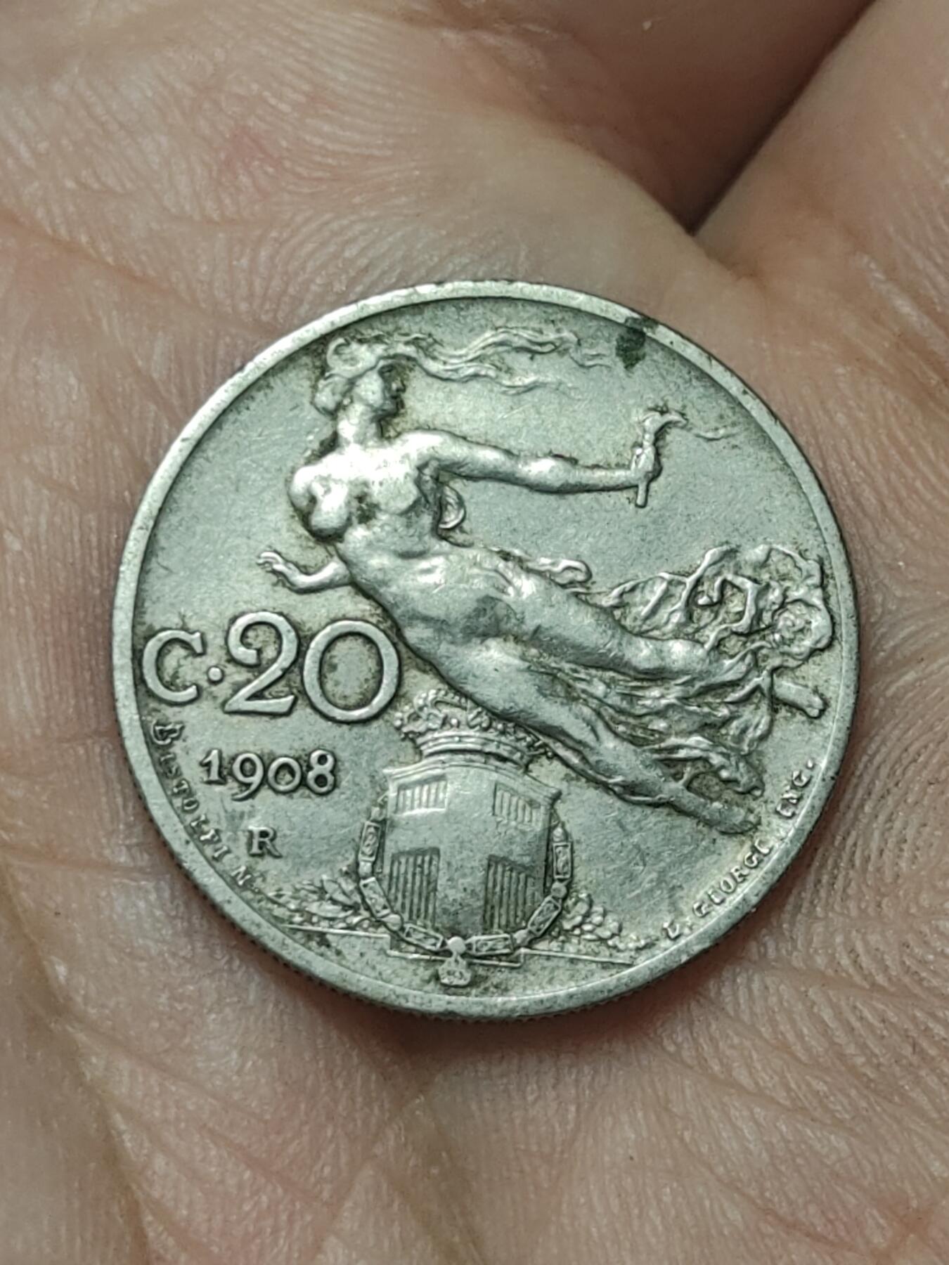 2026年第四十五场(总第二百一十四场）外国好品散币场(免佣金) 意大利王国1908年20分(维托里奥-埃马努埃莱三世时期，第二套首发年)