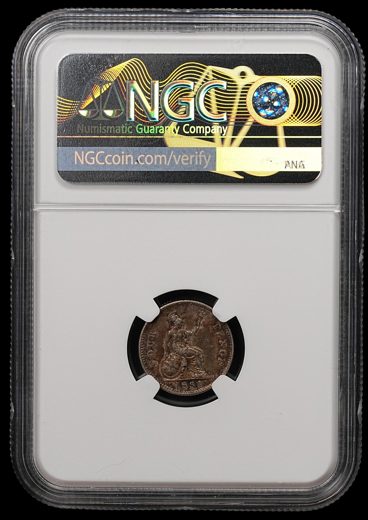 修遠堂世界钱币第112期 NGC AU55 1836年英国4便士银币，酱彩