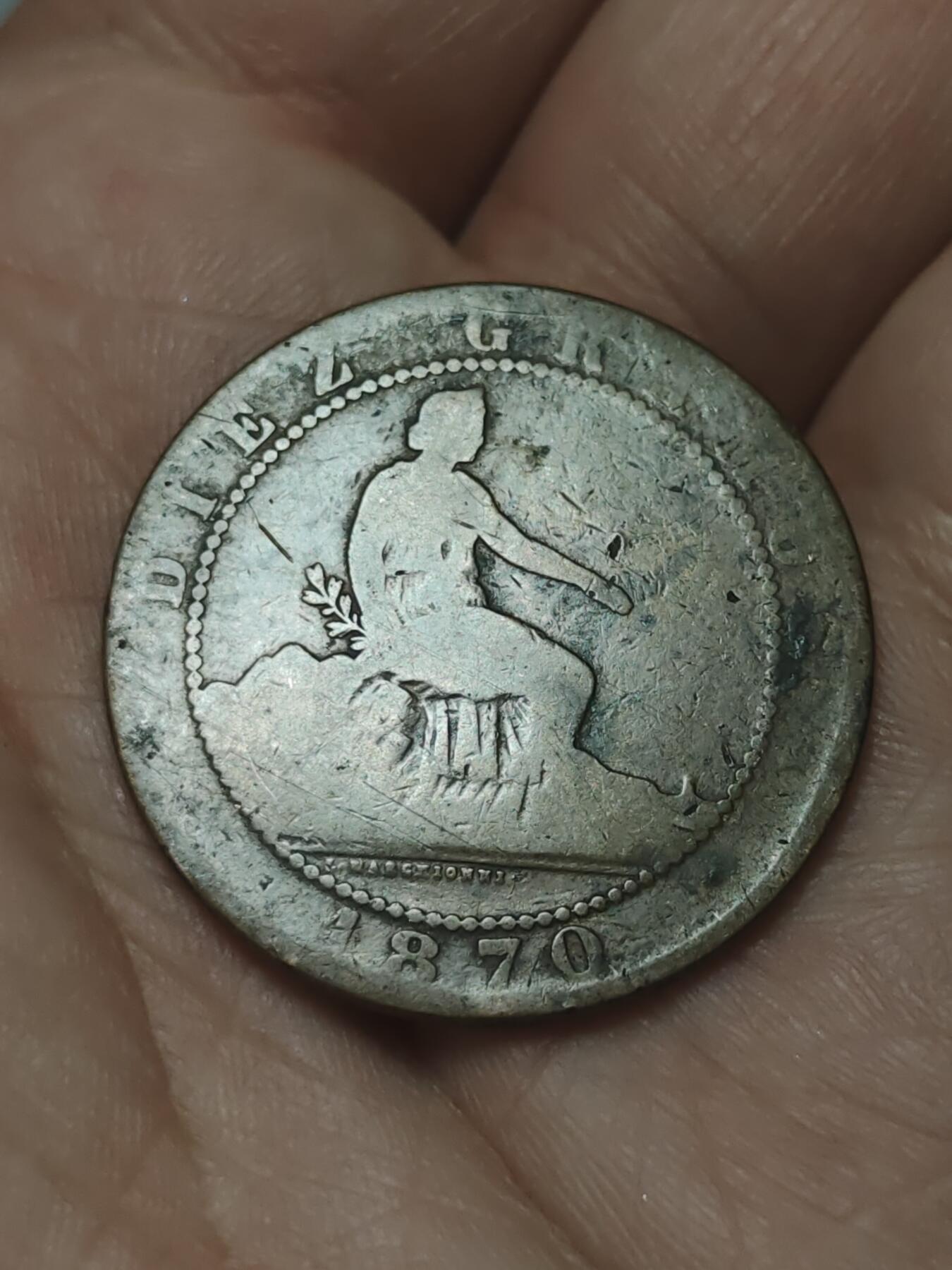 2026年第四十五场(总第二百一十四场）外国好品散币场(免佣金) 西班牙1870单年份10分(临时政府时期，OM八角星标，巴塞罗那造)