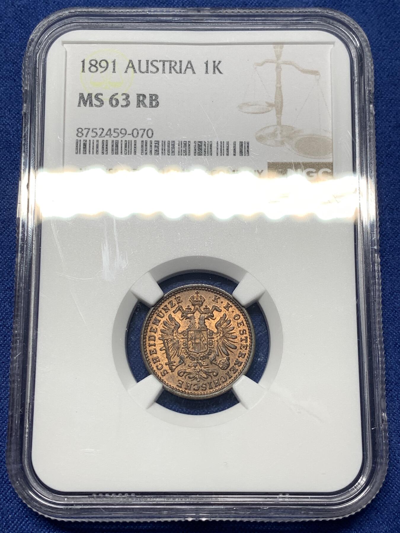 《竞宝斋》第482场 周日，周一 2场连拍 （全场包邮）20级店铺 欢迎送拍 NGC MS63RB 奥地利1891年1克鲁泽铜币，原光状态小铜币