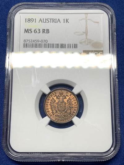 《竞宝斋》第482场 周日，周一 2场连拍 （全场包邮）20级店铺 欢迎送拍 - NGC MS63RB 奥地利1891年1克鲁泽铜币，原光状态小铜币