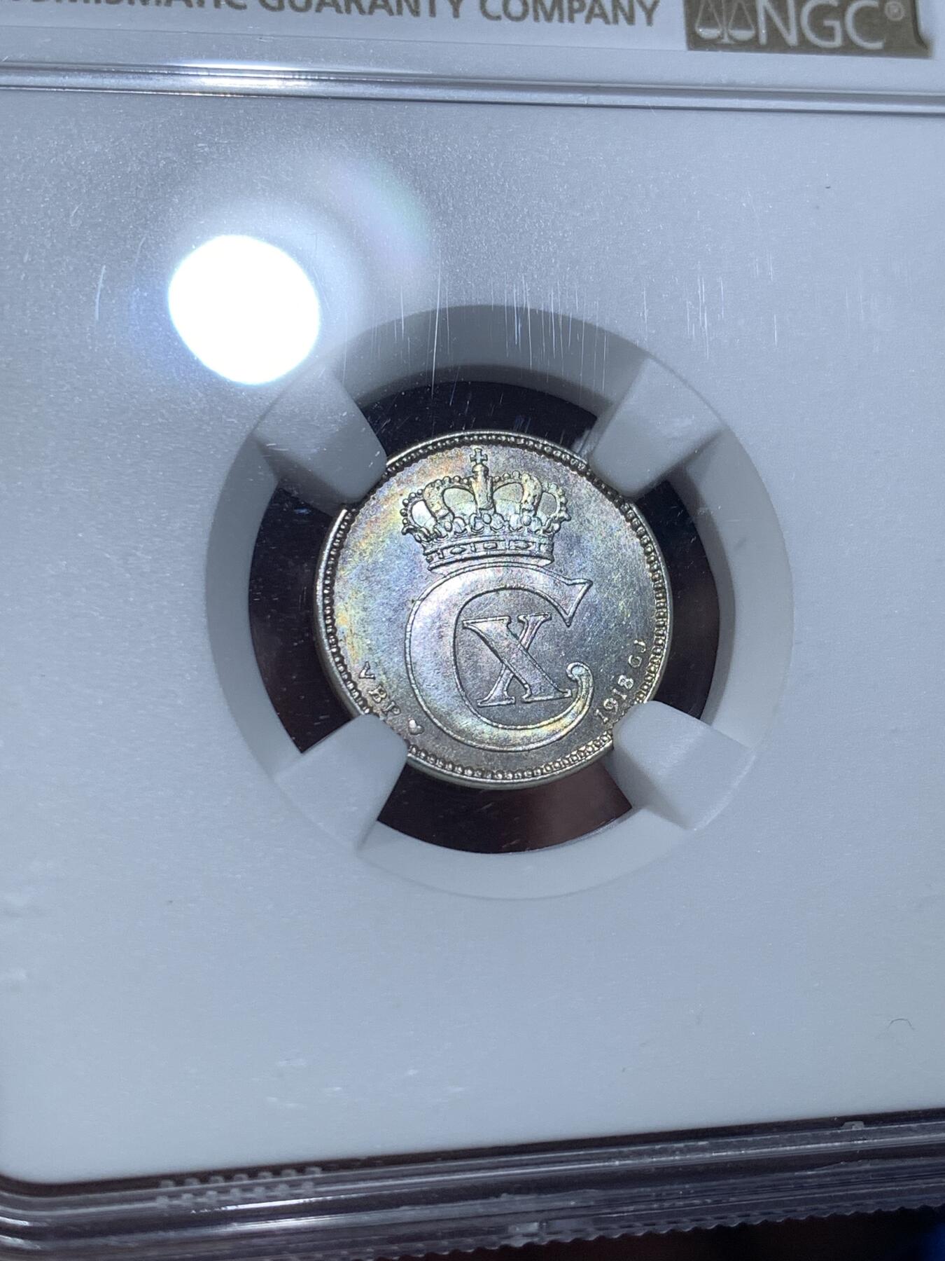 《竞宝斋》第482场 周日，周一 2场连拍 （全场包邮）20级店铺 欢迎送拍 NGC MS63 丹麦 1918年 25欧尔银币 凝光犀利 百年前的辅币这个状态也是难得了，值得入手