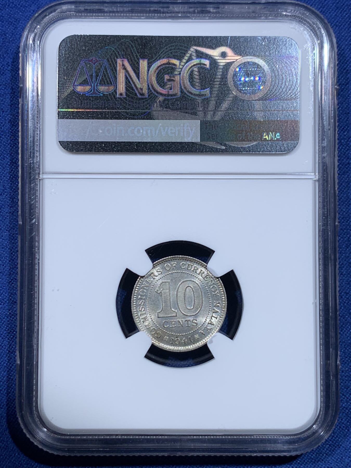 《竞宝斋》第482场 周日，周一 2场连拍 （全场包邮）20级店铺 欢迎送拍 NGC MS65 马来亚1941年乔六10分银币 少见卷拆BU状态，状态和分数都很难得