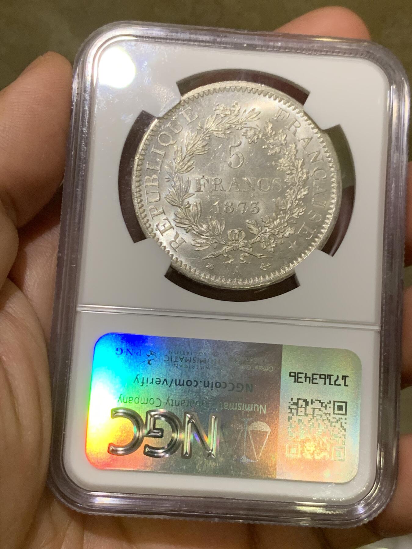 《竞宝斋》第482场 周日，周一 2场连拍 （全场包邮）20级店铺 欢迎送拍 NGC MS64 法国 法兰西第三共和国1873A大力神5法郎银币 好品好质感 分数也不错