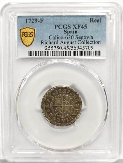 博洋堂“生趣盎然”4月精品专场暨第169期（全场包邮） PCGS XF45 西班牙塞戈维亚厂1729年菲利普五世1里亚尔银币，名家旧藏，仅有一枚更高分！
