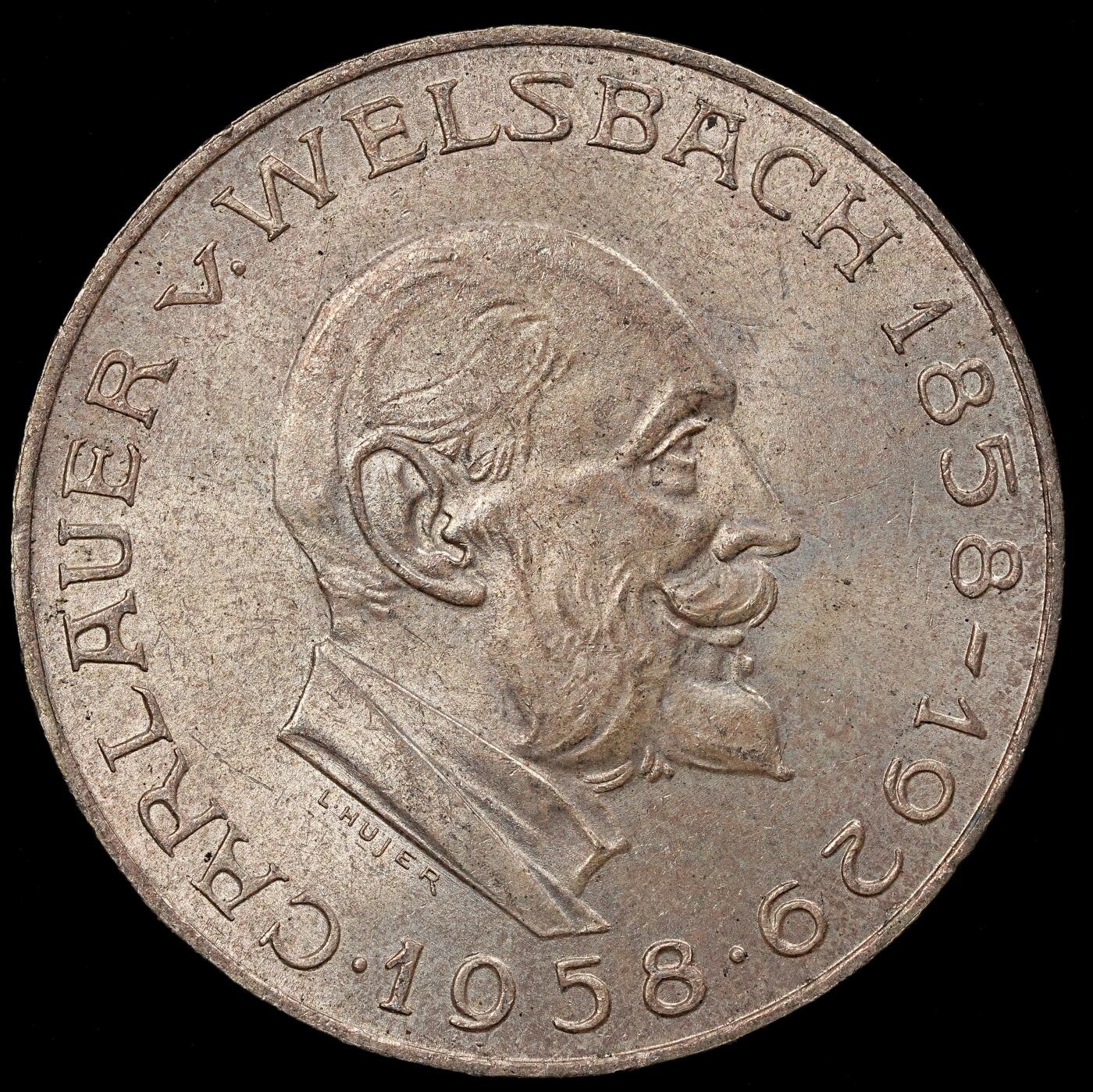 修遠堂世界钱币第112期 1958 年奥地利化学家、发明家卡尔・冯・韦尔斯巴赫诞辰 100 周年纪念币，13g，含银80%