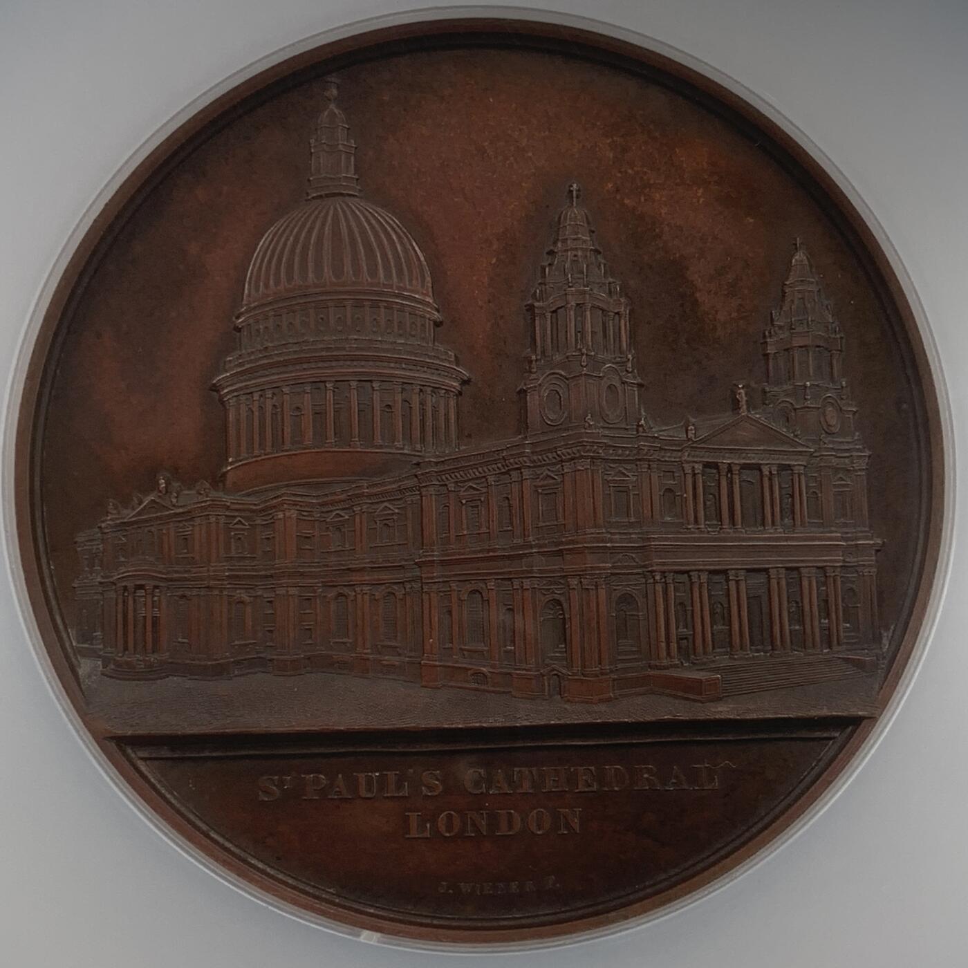 掌中浮雕-藏着的欧洲第059场 NGC MS62 ：1856年英国圣保罗大教堂铜章，J.Wiener雕刻，59mm，