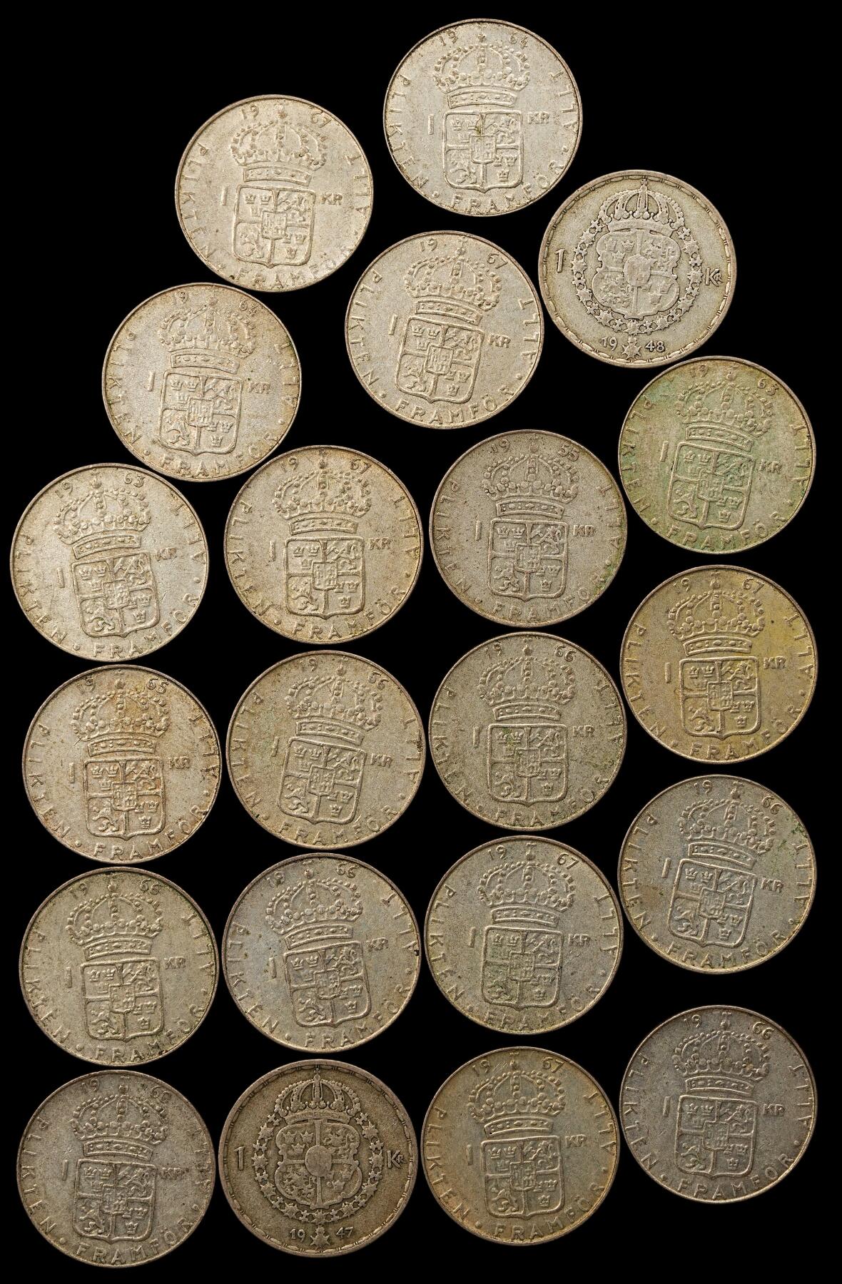 修遠堂世界钱币第112期 瑞典古斯塔夫五世-六世时期1克朗银币一组，总重147g，含银40%