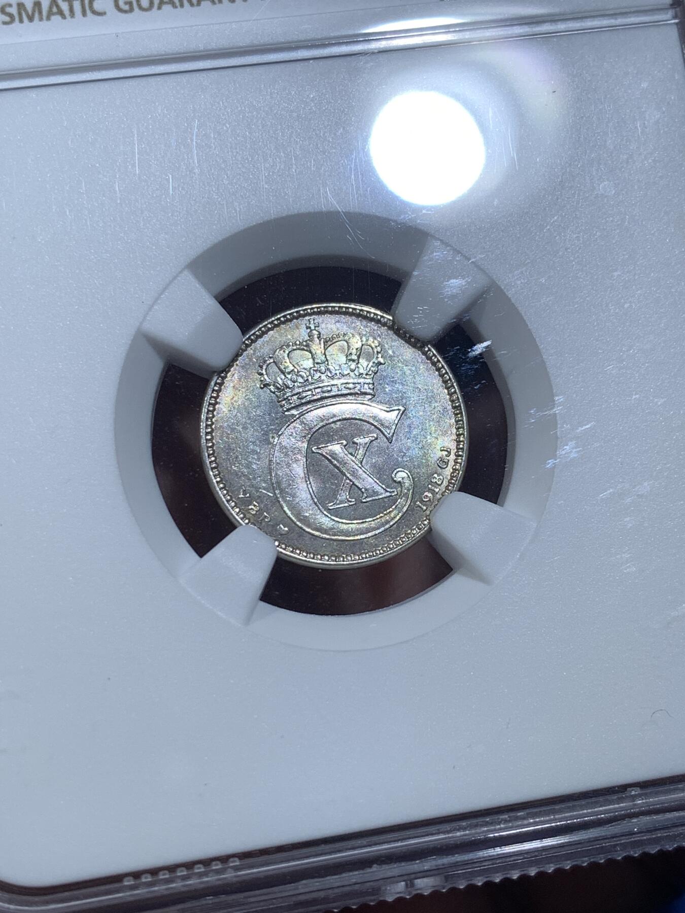 《竞宝斋》第482场 周日，周一 2场连拍 （全场包邮）20级店铺 欢迎送拍 NGC MS63 丹麦 1918年 25欧尔银币 凝光犀利 百年前的辅币这个状态也是难得了，值得入手