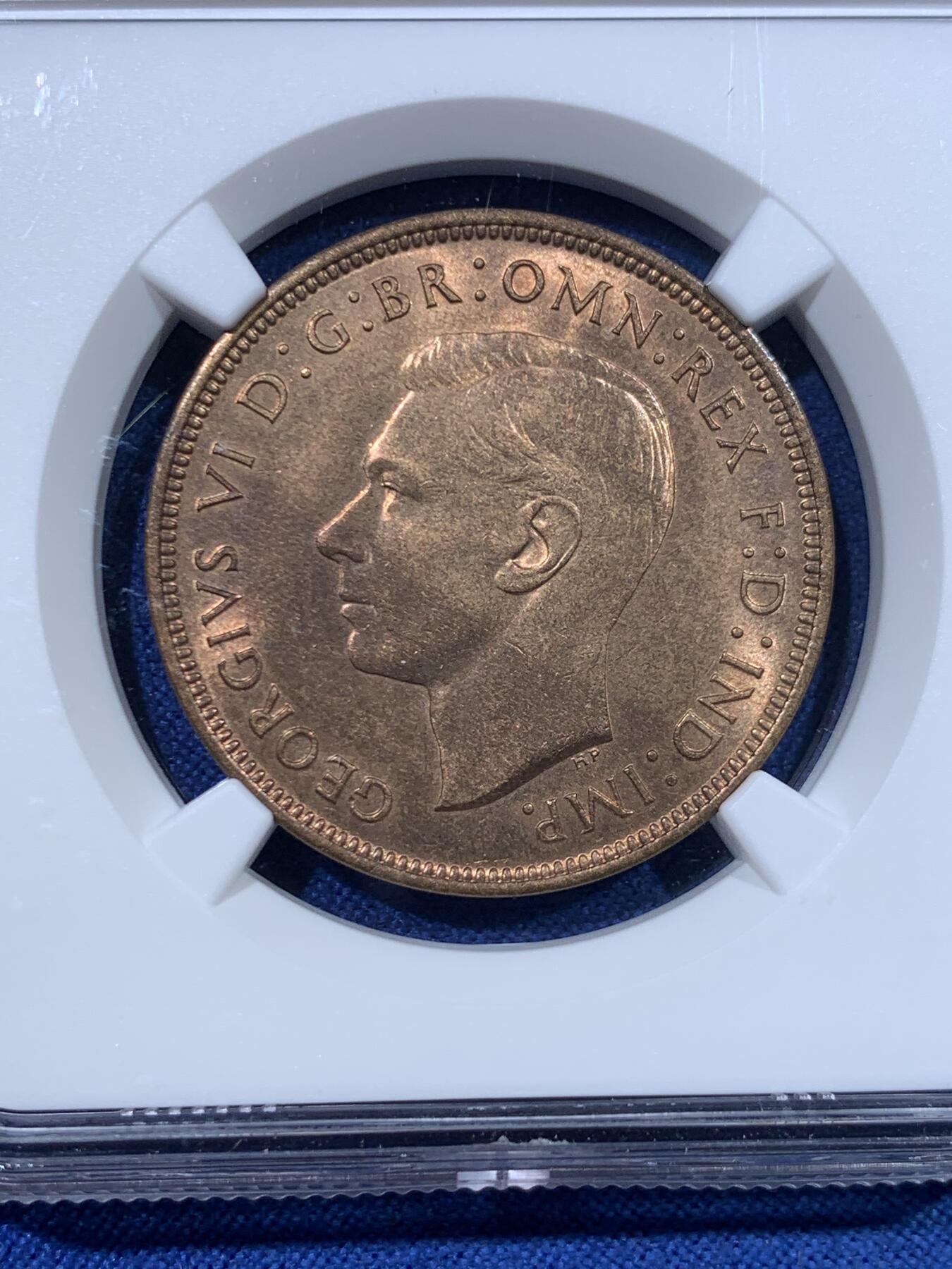 《竞宝斋》第482场 周日，周一 2场连拍 （全场包邮）20级店铺 欢迎送拍 NGC MS64RB 英国1938年乔六1便士铜币 状态观感都非常好的一枚