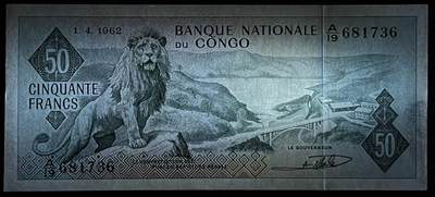 小福收藏拍卖第205期 裸钞场 本期有多张豹子号靓号  大量民国钞 百慕大样钞洋葱冠全套  阿富汗首年份查希尔国王和独立纪念碑 仅发行1000枚亚克力砖封蒙古20000图格里克帝国800周年纪念钞 卢旺达 东加勒比 斯里兰卡等多国精美纸币 刚果 1962年 50法郎 A冠 少见 有潮点 右边缘瑕疵 unc-