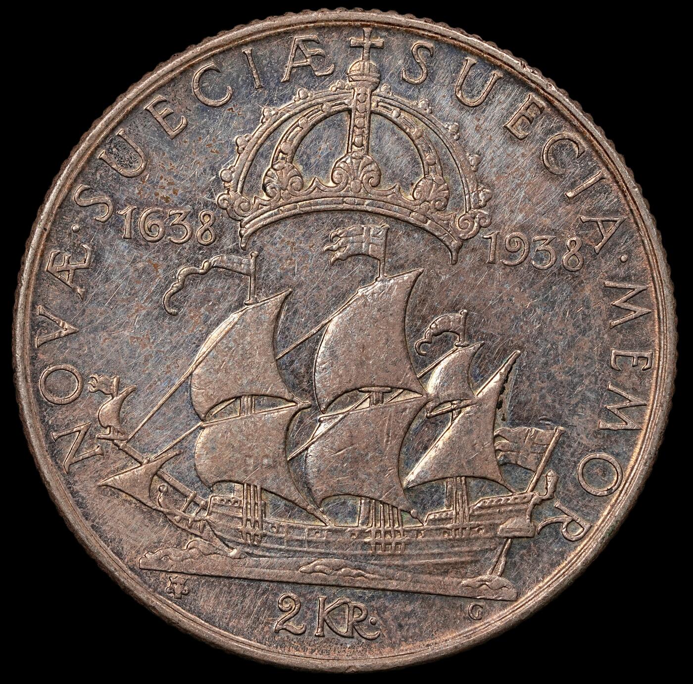 修遠堂世界钱币第112期  1938年新瑞典殖民地建 300 周年2克朗银币，15g，含银80%
