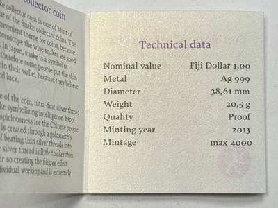 S&S Numismatic世界钱币-拍卖 第126期  斐济2013年 生肖蛇 2元精制掐丝纪念银币 盒证齐全 31.1克999银  芬兰造币厂出品