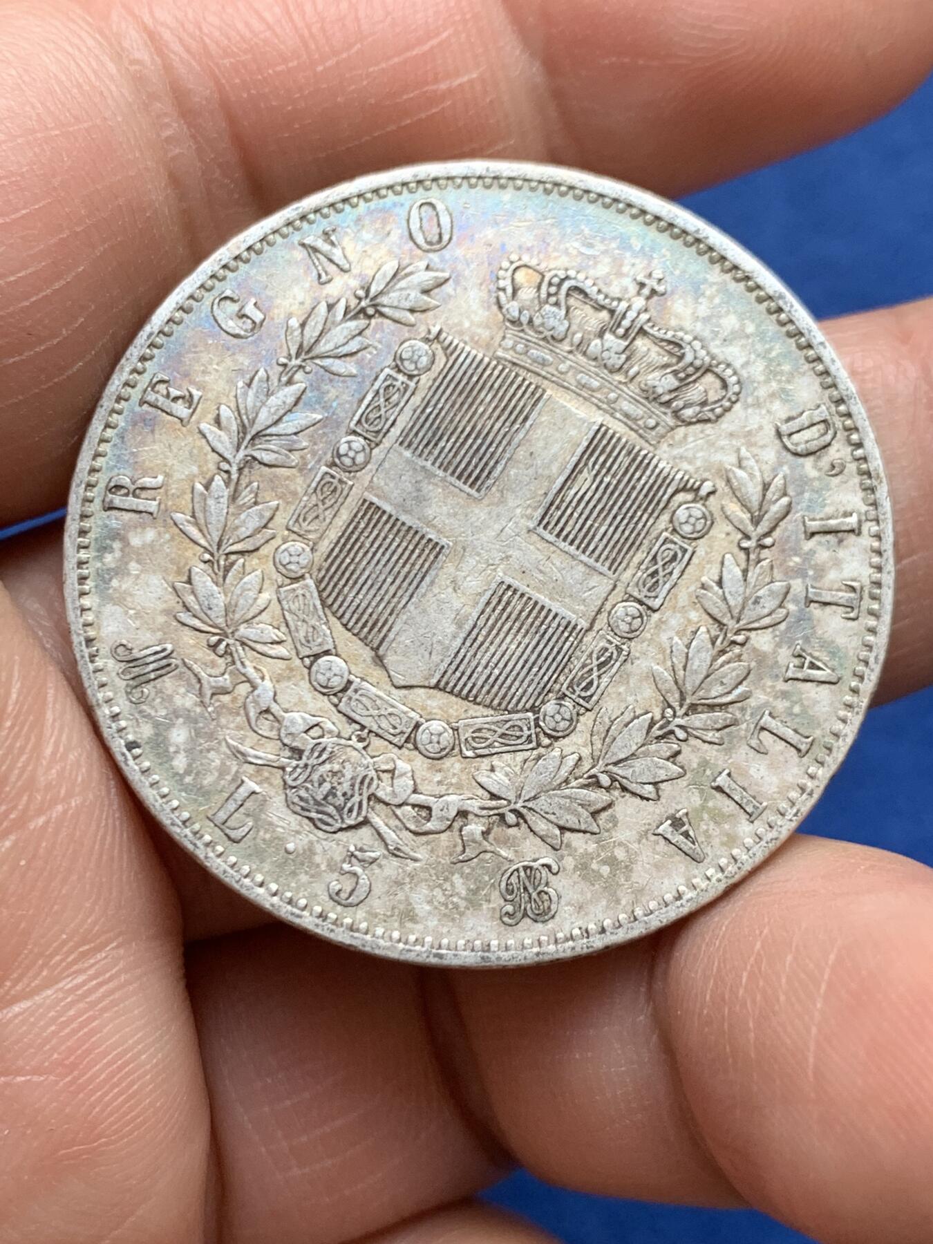 《竞宝斋》第482场 周日，周一 2场连拍 （全场包邮）20级店铺 欢迎送拍 意大利1870年艾曼纽尔二世5里拉银币