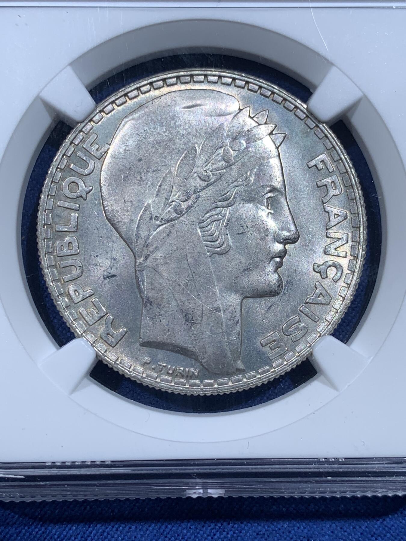 《竞宝斋》第482场 周日，周一 2场连拍 （全场包邮）20级店铺 欢迎送拍 NGC MS63 法国 1933年 谷物女神 20法郎银币