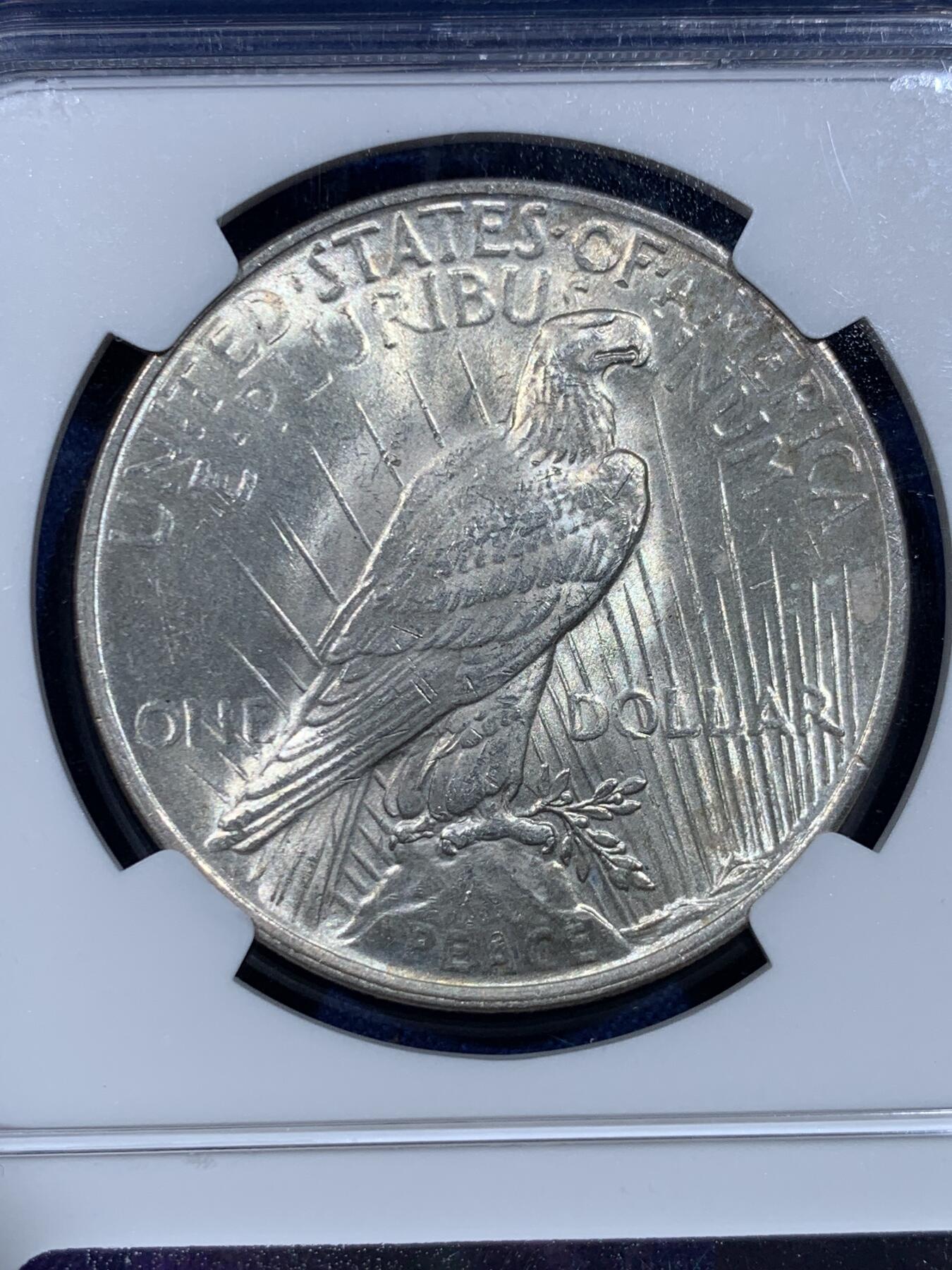 《竞宝斋》第482场 周日，周一 2场连拍 （全场包邮）20级店铺 欢迎送拍 NGC MS63 美国1922年和平银币 好品转光