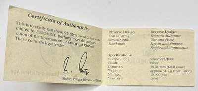 S&S Numismatic世界钱币-拍卖 第126期  萨摩亚和基里巴斯1998年 千禧年-世事变迁/战争和和平/时代和帝国/人物和遗迹 5元精制分割纪念银币4枚全套 925银4X1盎司 发行量10000套  盒证齐全