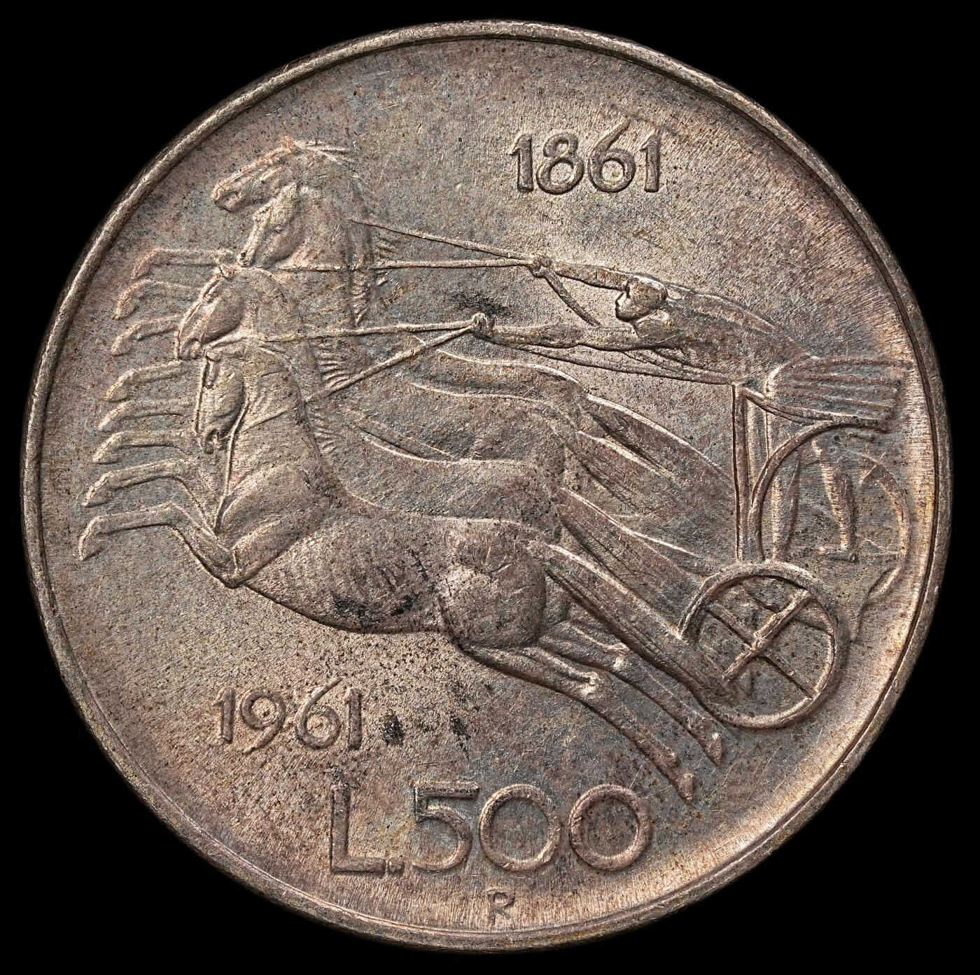 修遠堂世界钱币第112期  1961 年意大利统一建国百年 500 里拉银币，11g，含银83.5%