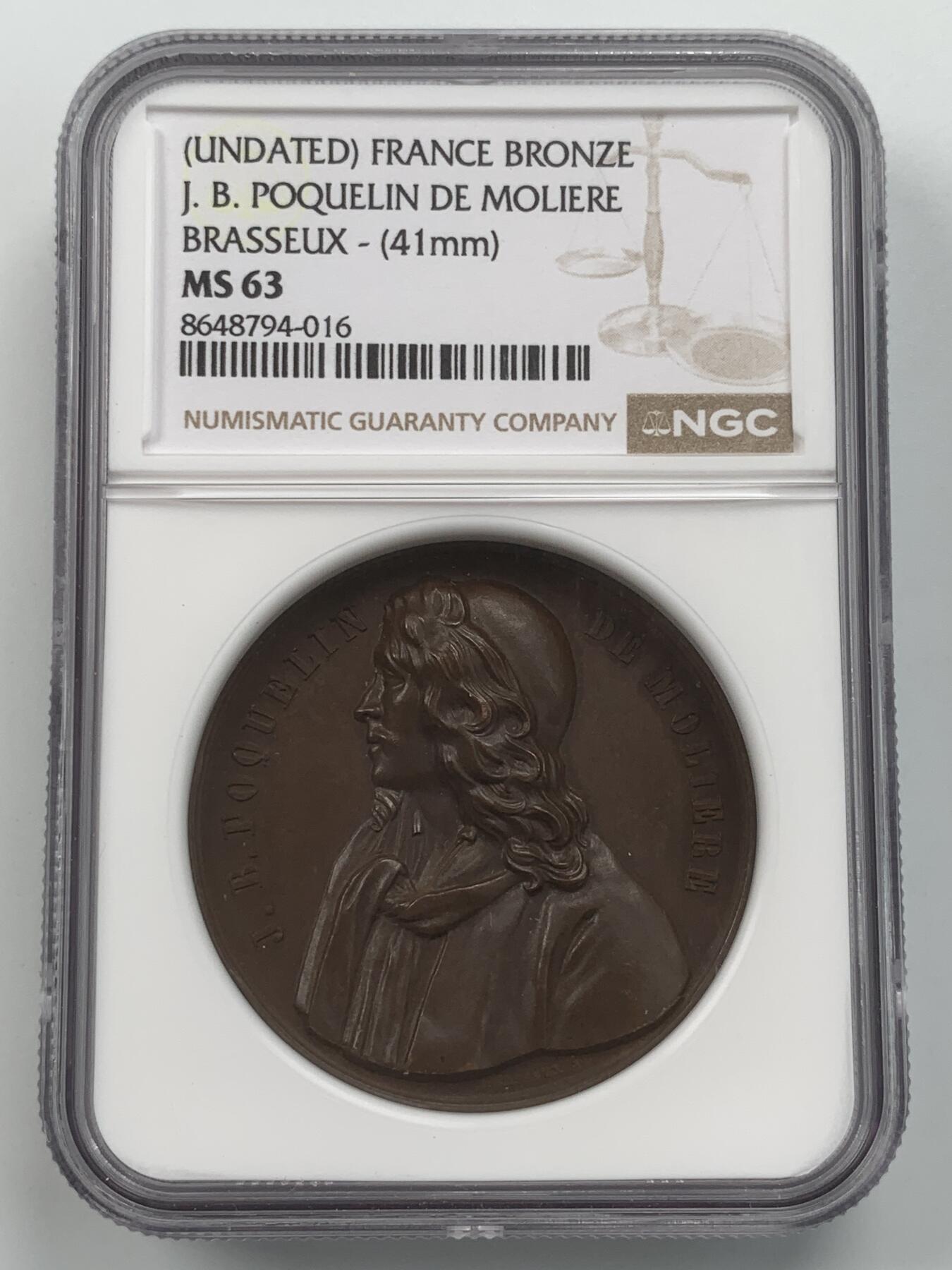 掌中浮雕-藏着的欧洲第059场 NGC MS63 : 法国著名剧作家莫里哀纪念铜章，41mm
