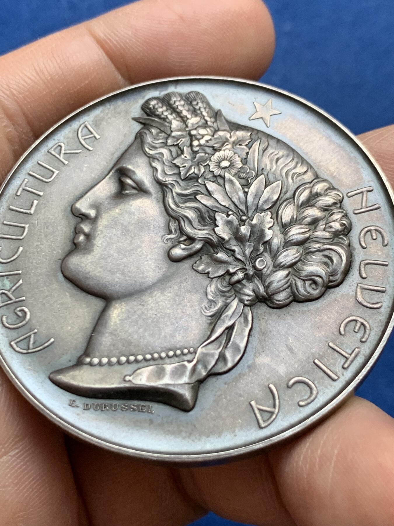 《竞宝斋》第482场 周日，周一 2场连拍 （全场包邮）20级店铺 欢迎送拍 瑞士1903年弗劳恩菲尔德大银章，瑞士第七届农林业博览会银章，直径50mm左右，重约53克左右，非常经典的铁灰包浆，很养眼，上手舒服。